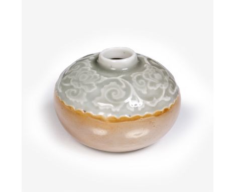 A Chinese celadon and cafe au lait brush washer 18th Century with foliate scroll designs, 10cm Provenance:  From the collecti