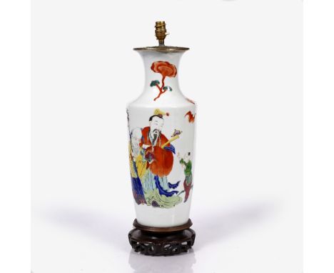 A Chinese polychrome baluster vase late 19th Century with Shou Lao and scholars, converted to a table lamp, 48cm high