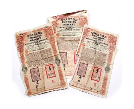 Three Chinese Railway share certificates each bond for £100 for The Cantoon-Kowloon Railway, red and black, printed by Waterl