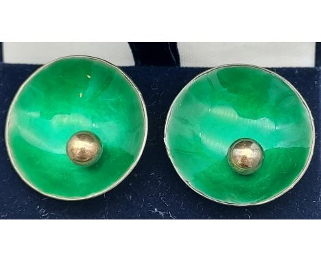 A Pair of Norwegian 925 silver and green enamel earrings. Produced by Einar Modahl- Oslo. 