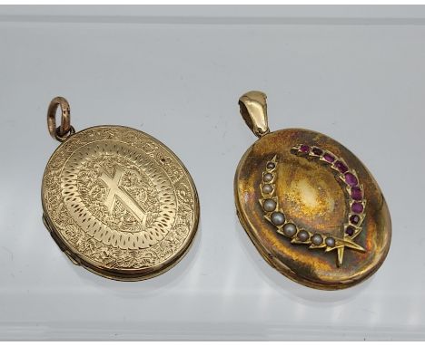 Antique Yellow metal, seed pearl and amethyst mourning locket together with a gilt metal mourning brooch. 