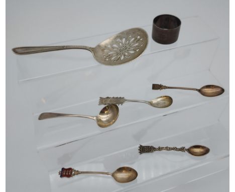 A Birmingham silver serving spoon, Small London silver ladle, four silver marked tea spoons and Birmingham silver napkin ring