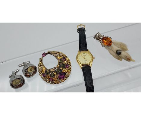 An Edinburgh silver claw brooch, Vintage bead and gilt metal brooch, Sekonda watch and a pair of Rotary unusual steam punk st