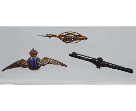 A Lot of three various brooches to include 9ct gold, seed pearl and amethyst brooch [as found] Sterling silver R.A.F Brooch p