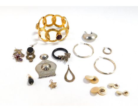 Silver and costume jewellery, including earrings and cuff links, gilt metal bangle, marcasite pendant, decorated with a clipp