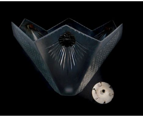 A 1930's frosted glass pendant light fitting, of tapered hexagonal form, with cut lattice and sun burst decoration, and penda