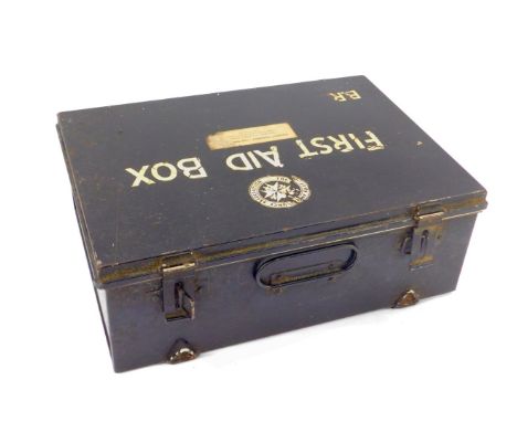 A British Rail and St John Ambulance Association First Aid box, the hinged black metal tin opening to reveal vintage and late