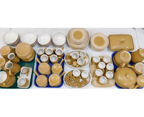 A Denby pottery dinner tea and coffee service decorated in the Ode pattern, comprising casserole dish and cover, pie dish and