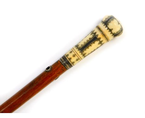 A Georgian malacca lady's pomander cane, the ivory handle with silver pique decoration, unscrewing to reveal the pomander, 91