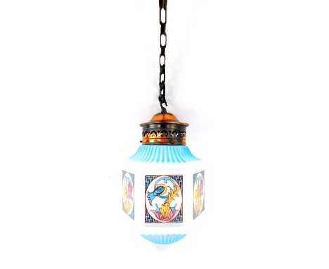 A 1920's frosted and coloured glass hanging pendant lantern light, of hexagonal form, with panels of stylised flowers and fol