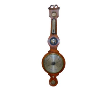 Tuxford of Boston, an early 19thC rosewood cased wheel barometer, with dry/damp dial and thermometer, 108cm high.