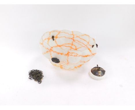 A 1930's hanging pendant light shade, of opaque white fluted design with orange marbled decoration, with pendant fittings, 35