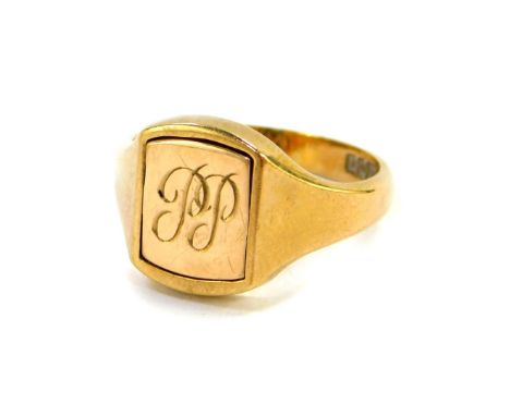 A 9ct gold and blue enamel Masonic signet ring, obverse showing set square and compass, reverse monogram engraved, size S, 6.