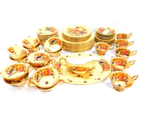 An Aynsley porcelain part dinner and tea service, decorated in the Orchard Gold pattern, comprising oval meat platter, sauce 