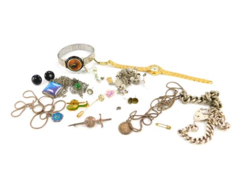 Silver and costume jewellery, including a silver curb link bracelet, on a heart shaped padlock clasp, on a safety chain as fi