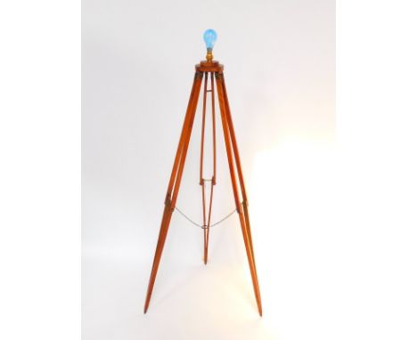 A Lancaster plate camera oak tripod stand converted to a standard lamp, 128.5cm high.
