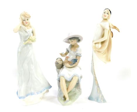 A Royal Doulton figure modelled as Charisma, Reflections Series HN3090, another modelled as Windflower HN3077, and a Nao porc