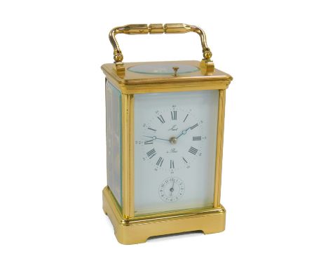 A Jacot A Paris brass cased repeater alarm carriage clock, rectangular dial bearing Roman and Arabic numerals, subsidiary ala