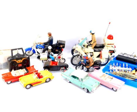 Assorted toys and die cast models, etc., including police motorcycles and riders, two radio controllers, model parts and a to