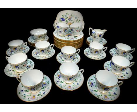 A Coalport porcelain tea service decorated in the Pageant pattern, comprising cream jug and sugar bowl, bread plate, twelve t