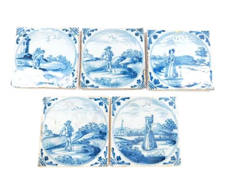 Five 18thC Dutch delftware tiles, decorated with men and women in rural settings, within circular reserves, 12.5cm. 