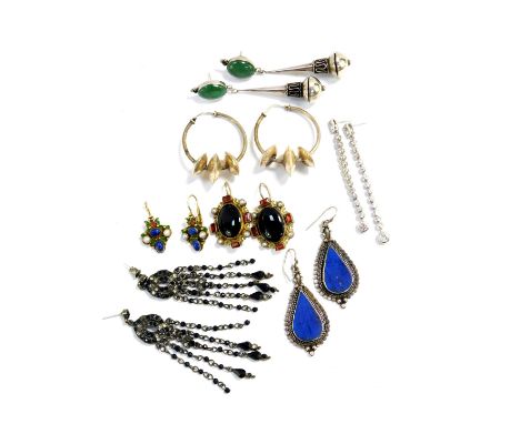 Silver and costume jewellery, including a pair of pearl and enamel earrings, Renaissance style earrings, Indian style silver 