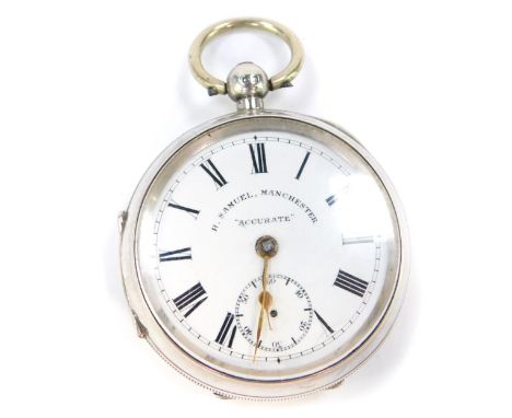 A gentleman's silver cased pocket watch, open faced, key wind, circular enamel dial bearing Roman numerals, subsidiary second