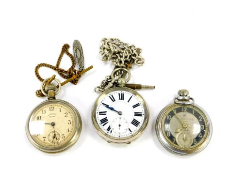 A Swiss gentleman's silver plated pocket watch, open faced, key wind, enamel dial bearing Roman numerals, subsidiary seconds 