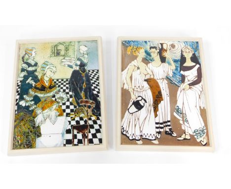 A pair of Continental late 20thC ceramic plaques, decorated with classical figures and renaissance figures, framed, 54cm high