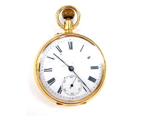 A lady's 18ct gold cased pocket watch, open faced, keyless wind, enamel dial bearing Roman numerals, subsidiary seconds dial,