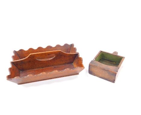 A Victorian oak twin division oak cutlery tray, 38.5cm wide, 27cm deep, together with a beech rush light or candle box, wall 