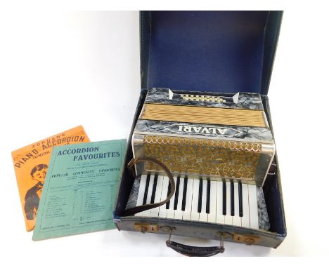 An Alvari piano accordian, 24 button, silver mother of pearl effect, cased.