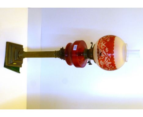 RED GLASS OIL LAMP H: 33.5"