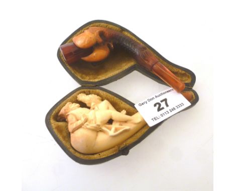 MEERSCHAUM PIPE IN CASE APPROX L: 3.5" AND A CARVED PIPE APPROX L: 3.5"