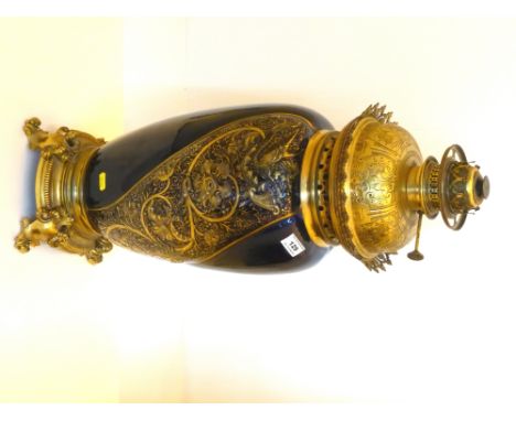 LARGE BLUE AND GILT OIL LAMP INSCRIBED 'LAMPE SANS SUINTEMENT' A.W. H: 26"