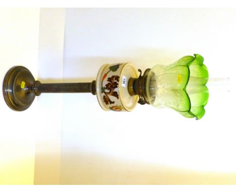 PLATED OIL LAMP WITH GREEN GLASS SHADE H: 31"