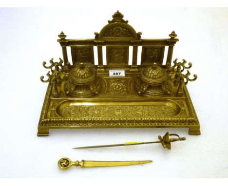 BRASS INKWELL AND 2 LETTER OPENERS 6.75" X 11.75" X 7"
