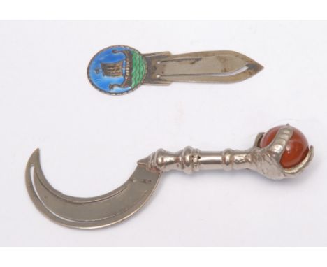An early 20th century agate mounted novelty bookmark, crescent shaped blade, ball and claw haft, 8.5cm long; another, Scandin