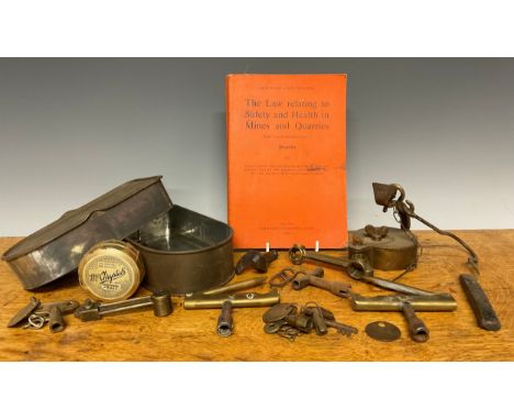 Coal Mining Interest - a brass hanging Roman candle style lamp with open wick, butterfly screw fastener, impressed number 107