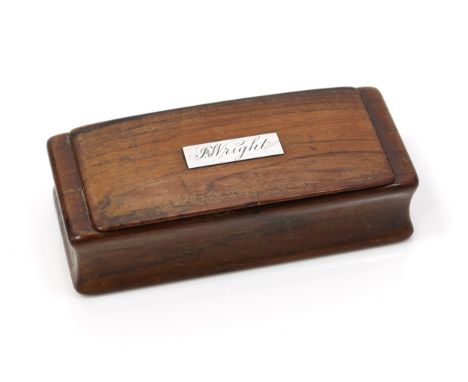 A 19th century rosewood waisted rectangular snuff box, flush-hinged cover with silver colooured metal cartouche inscribed F W