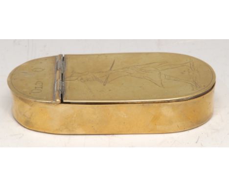 A George III brass oval snuff box, hinged cover engraved with a caricature of William Douglas, 4th Duke of Queensberry and in
