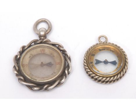 A Victorian silver compass watch fob, rope-twist border, 3cm diam, Birmingham 1899; another (2) 