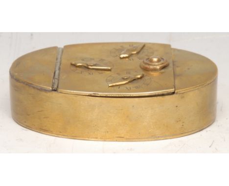 A George III brass combination snuff box, the hinged cover with three dials, 9cm wide, c.1800 