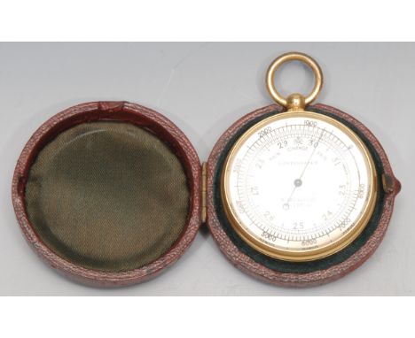 A gilt brass pocket barometer, M Aronsberg, Liverpool, red Morocco leather case. 5cm diameter 