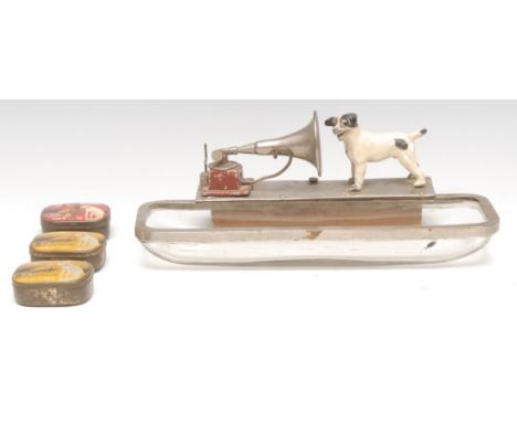 Vintage Music - Advertising - an early 20th century HMV promotional desk tidy, surmounted by a cold painted model of Nipper t