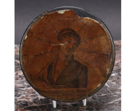 A 19th century French papier mache circular snuff box, transfer printed cover, La Tete D'une Femme, 8.5cm diam, c.1820 