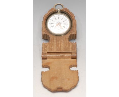 A Black Forest folding travelling pocket watch stand, carved with a vine leaf, 10cm high, c.1900; a Continental silver plated