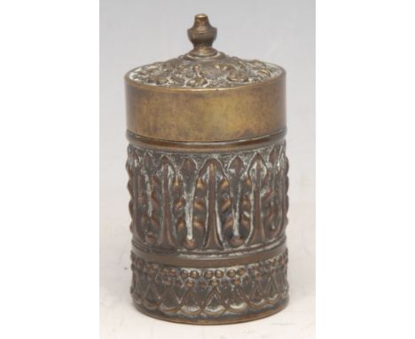 A 19th century Gothic Revival brass so to bed, the Improved Safety Patent Vesta Light Box, match striker to base, 7.5cm high,