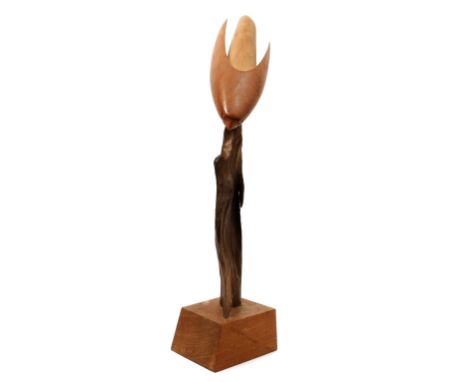 Patrick D**r (second-half 20th century), carved wood sculpture, Bird of Prey Swooping, signed and dated 1975, 61cm high 