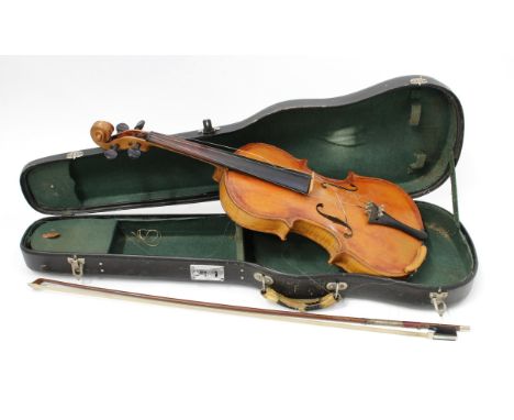 A violin, the two-piece back 36.5cm excluding button, ebonised tuning pegs, outlined throughout with purfling,60cm long overa